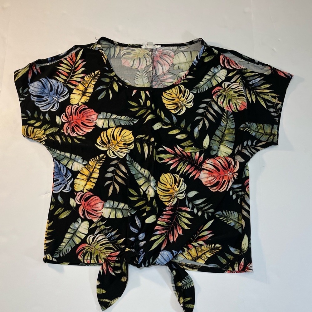 Womens Tropical‎ Leaf Cold Shoulder Top L Black Tie Front Summer Boho Botanical